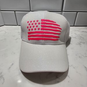American Flag Hot Pink White Glitter Ponytail Hat